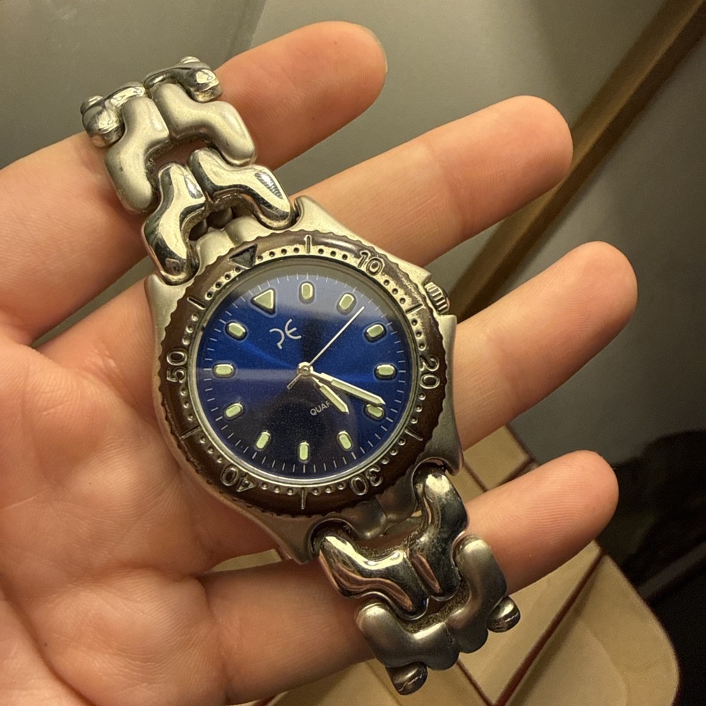 Made for Perry Ellis Watch Round Blue Face Silver Toned Stainless Steel Band